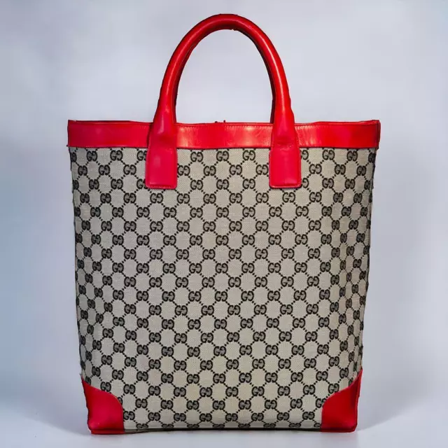GUCCI Tote Bag Handbag GG Supreme Canvas Leather Red Authentic MBa0327