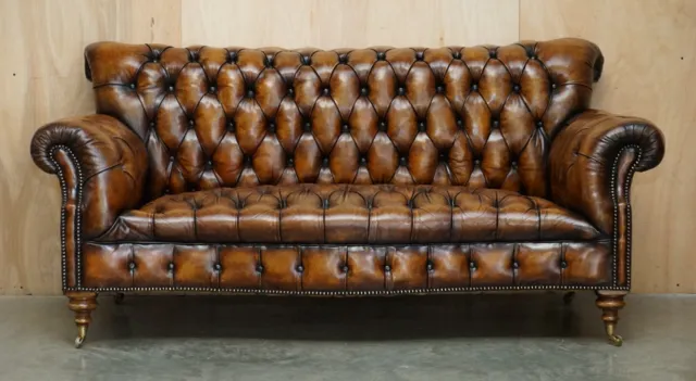 Victorian Serpentine Fronted Hand Dyed Restored Brown Leather Chesterfield Sofa 2