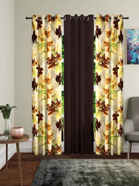 3 Piezas Marrón Floral Ojal Arandela Anillas Puerta Ventana Cortinas De 5 7 2.7m