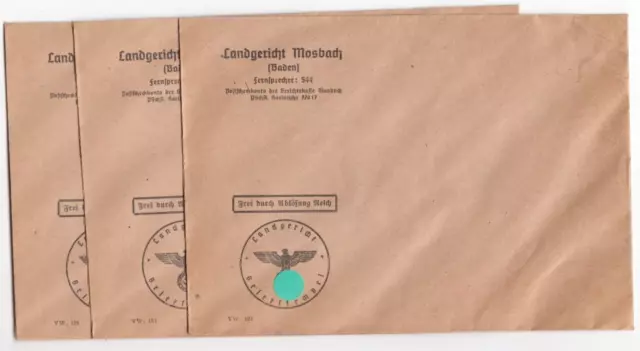 LandgerichtMosbach Baden, 3 blanko Dienstbriefe um 1940