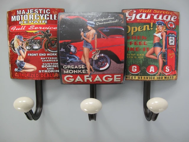 9977695 Hook Rail Wardrobe Metal Pinup Girl Garage Car Vintage 21x39cm