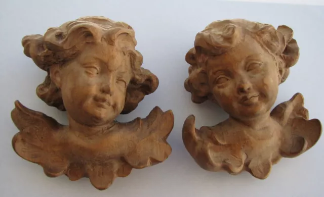 ALPINE Angel Sculpture Carved Wood Vintage PUTTO Figurine PAIR wall hanging 4"