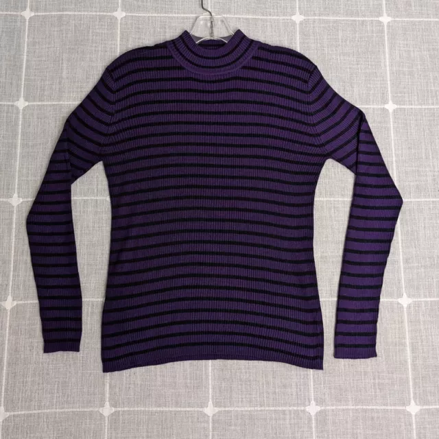 Chaus Sweater Womens XS/S Purple Striped 100% Silk Ribbed Mockneck Long Sleeve