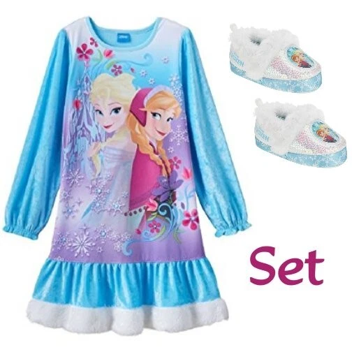 Disney Frozen Anna Elsa Girl 6 Velour Fur Nightgown + XL-13/1 Sequin Slippers