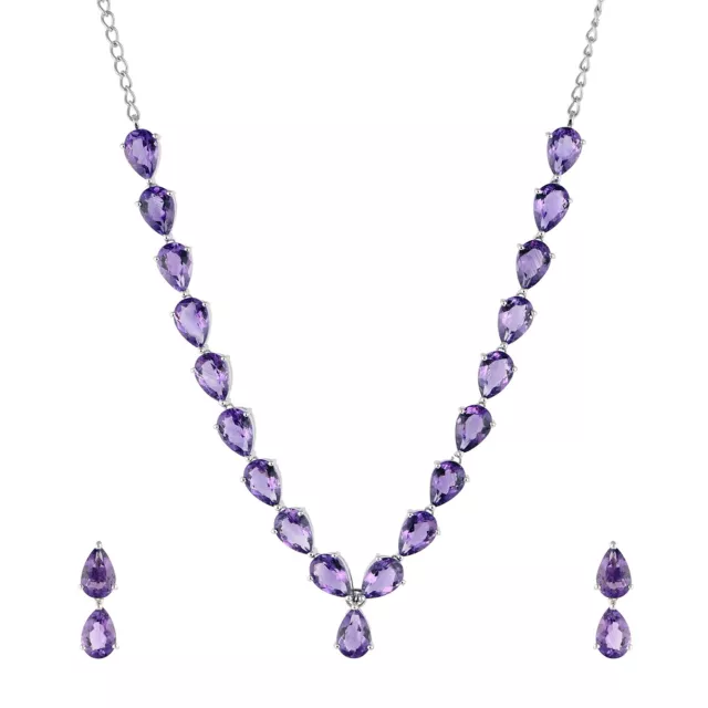 925 Sterling Silver Natural Pear Cut Amethyst Gemstone Earrings & Necklace Sets