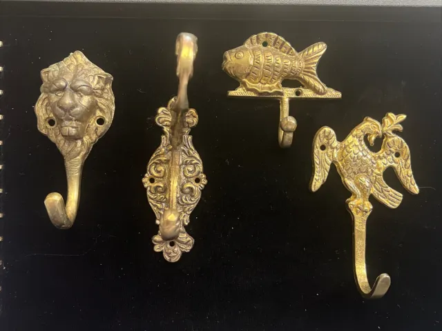 Ornate Lion's Head Antique Cast Iron Brass Plated Hall Hooks Lot of 4 England