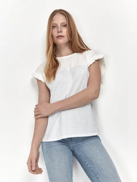 M&Co Womens Breton Stripe Frill Jersey T-Shirt Ivory