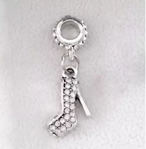 Crystal Shoe Dangle Charm. Silver Plated