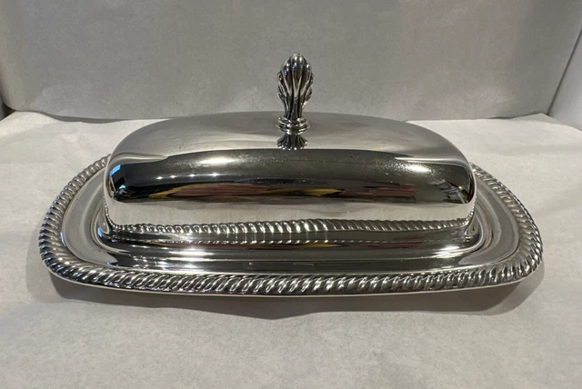 Vintage Silver Plated Covered Butter Dish Glass Liner - Rope Design Trim 8"x4.5"