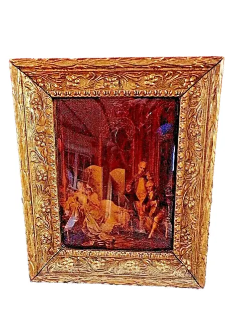 Antiguo Cuadro de Madera Doré-peinture Sobre Vaso Bombée-scène Galante Luis XV