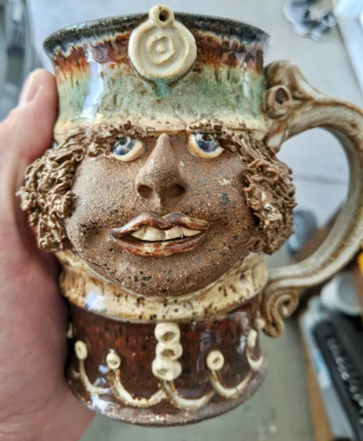 Ugly Face Mug Stein Mustache Man Vintage American Studio Pottery Folk Art