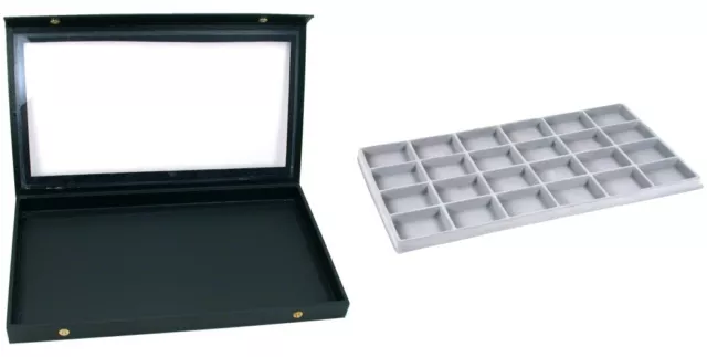 Black Glass Top Jewelry Case (Snap close lid) w/ Gray 24-slot Plastic Tray