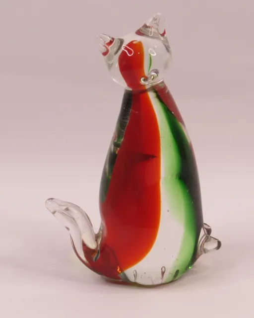 Vintage Glass Cat Ornament Murano Style Orange Red And Green 13cm Tall