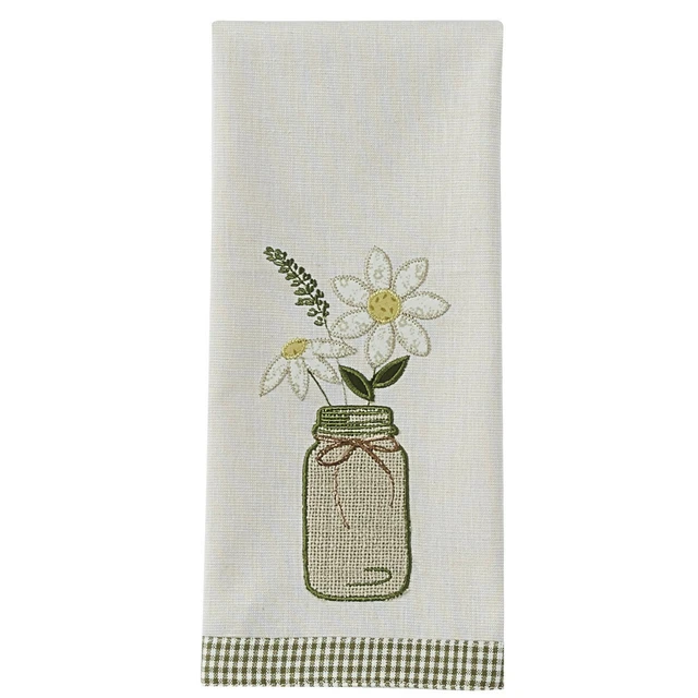 NEW Farmhouse DAISY MASON JAR DISH TOWEL Cottage Sage Shabby Embroidered