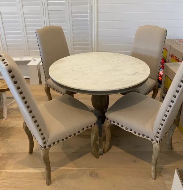 Pottery Barn Round Marble Dining Table with 4 PB Studded Chairs