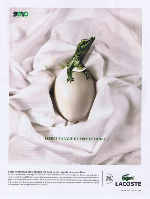 PUBLICITE ADVERTISING 064 2010 LACOSTE polo crocodile en voie dispartition