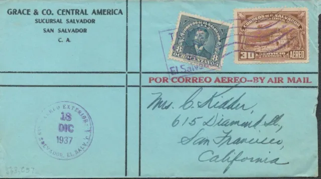 1937 Salvador Cover Airmail Grace & Company to San Francisco