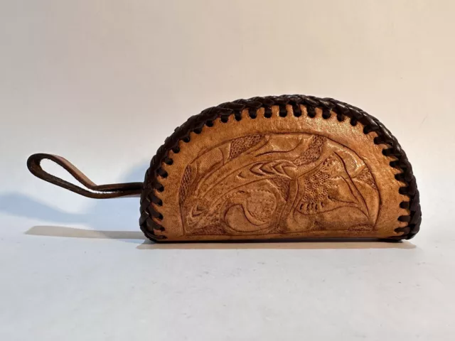 Vintage Leather Hand Tooled Coin Change Purse Zippered