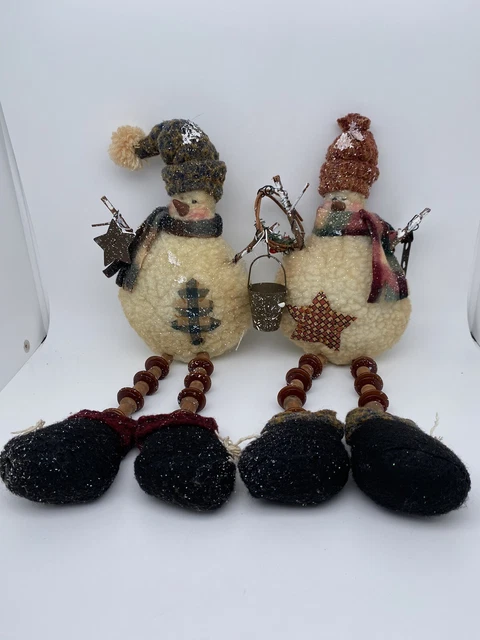 Set of 2-14 Inch Primitive Fleece Snowman Shelf Sitters Christmas Winter