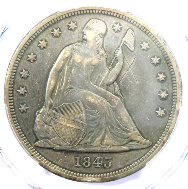 1843 Seated Liberty Silver Dollar $1 - Certified PCGS XF Detail (EF) - Rare Coin