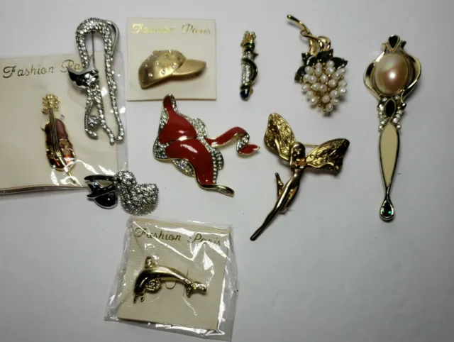Costume fashion Jewelry Lot of 10 Brooch, Pins Cat , Cap , angel , Dolphin ect