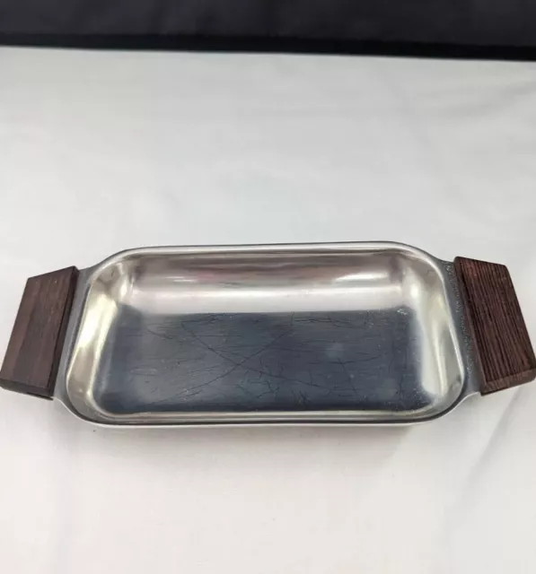 Dish Platter Tray Mid Century Modern Stainless Steel Serving Denmark Teak Handle