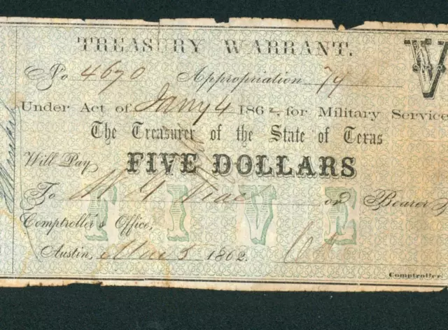 $5 1862 Treasury Warrant - Military Service - Texas Obsolete Note ** CURRENCY