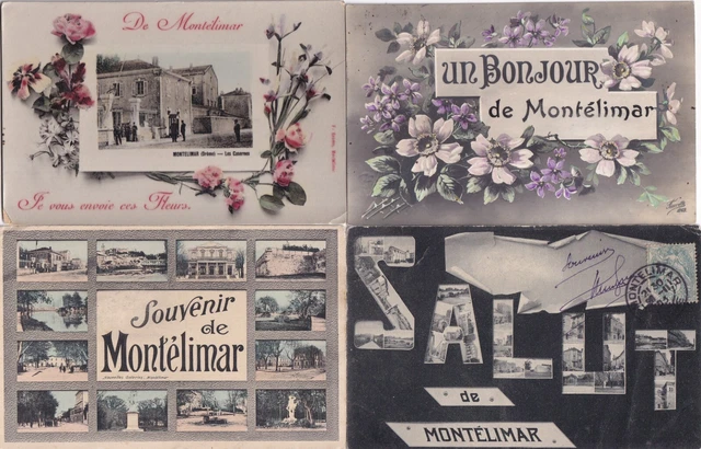 Lot de 4 cartes postales anciennes postcards MONTELIMAR DRÔME salut bonjour