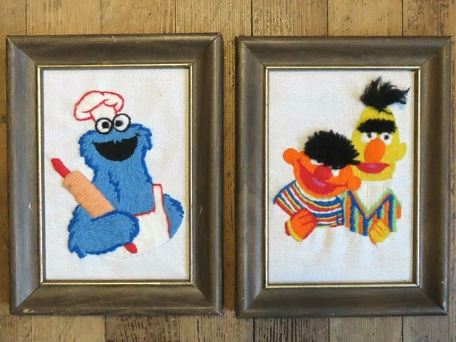 Juego de 2 imágenes de bordado crewel vintage Ernie Bert Cookie Monster Sesame Street