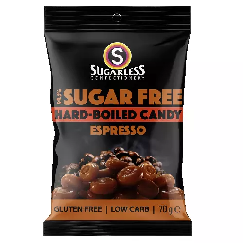 903826 1 X 70G Sugarless Confectionery 99.5% Sugar Free Hard Boiled Espresso Bag