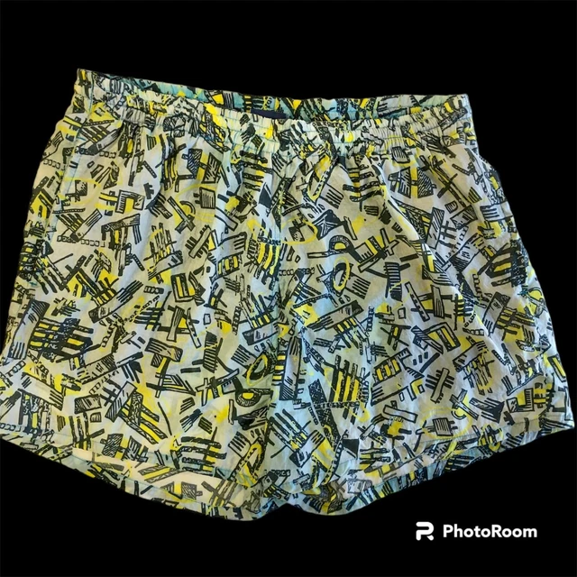Vtg 80 90's Pacific Scene SHINY Neon Yellow GEOMETRIC Swim Trunks SURFER Shorts