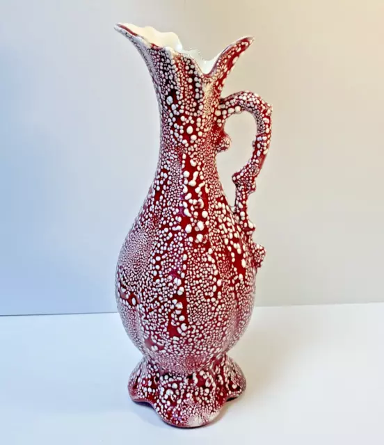 Vintage Tall Red White Popcorn Splatter Textured MCM Art Pottery Pitcher vase