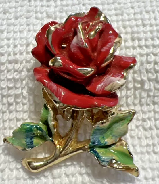 Vintage Rose Pin Brooch Painted Red Green Goldtone. Lot 246