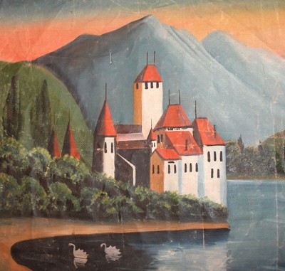 ANTICO PAESAGGIO DIPINTO A OLIO CASTELLO DEL LAGO 