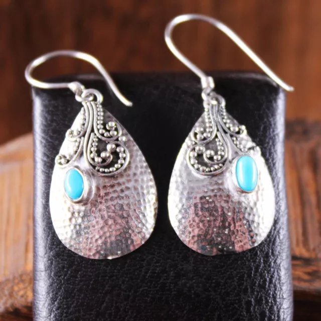 Bali Style Turquoise Hammered Teardrop Dangle Earrings Sterling Silver 1 5/8"