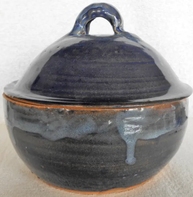 NC high gloss rich dark midnight blue drip glaze stoneware beanpot crock jar lid