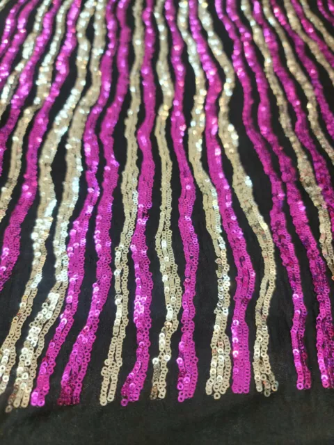 Fuchsia Sequin Fabric sold by The Yard, Gold Fuchsia  Embroidery on Black Lycra
