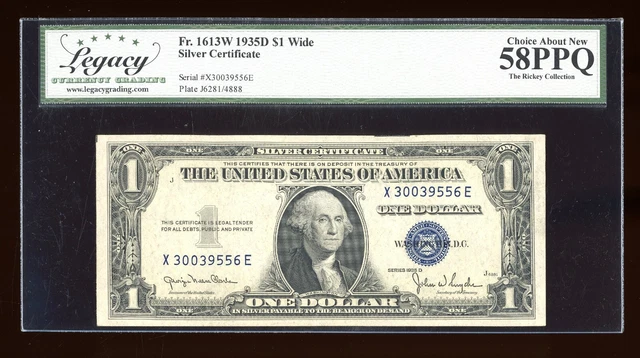 DBR 1935-D $1 Silver Fr. 1613W Wide XE Block Legacy 58 PPQ Serial X30039556E