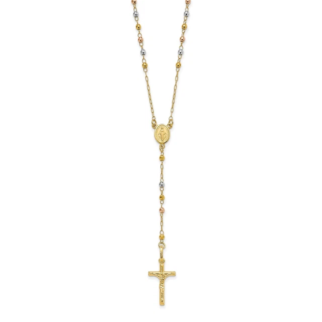 14k Multi-Tone Gold Polished Faceted Beads Rosary Necklace 20 mm x 11 mm