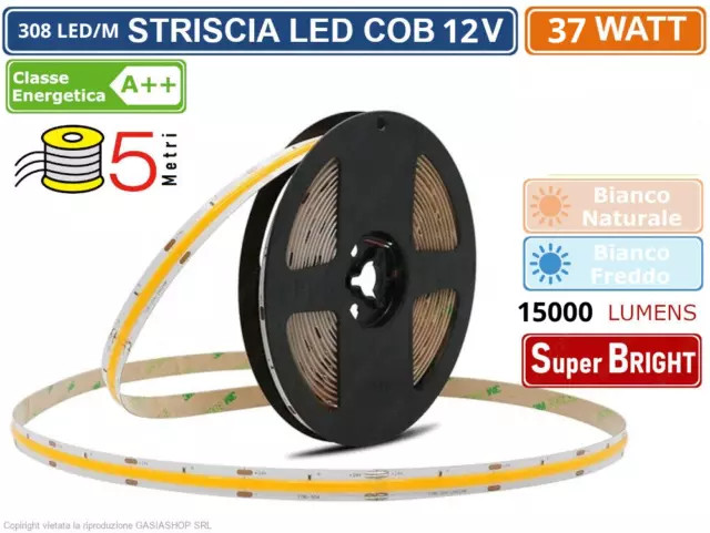 striscia LED COB 308L/M 37W 12V bobina da 5 metri 15000LM dimmerabile adesiva