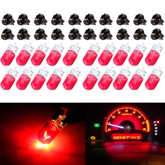 20X T10 194 Halogen Bulb +Sockets For Car  Dashboard Cluster Indicator Light Red