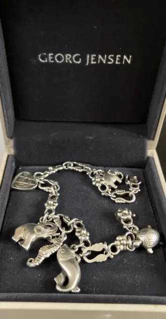 Georg Jensen Signed Sterling Silver 6 Charm Bracelet Denmark With Box