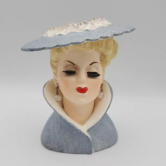 NAPCO Vintage Lady Head Vase with Bristle Lashes, Blue Dress & Hat  1950's