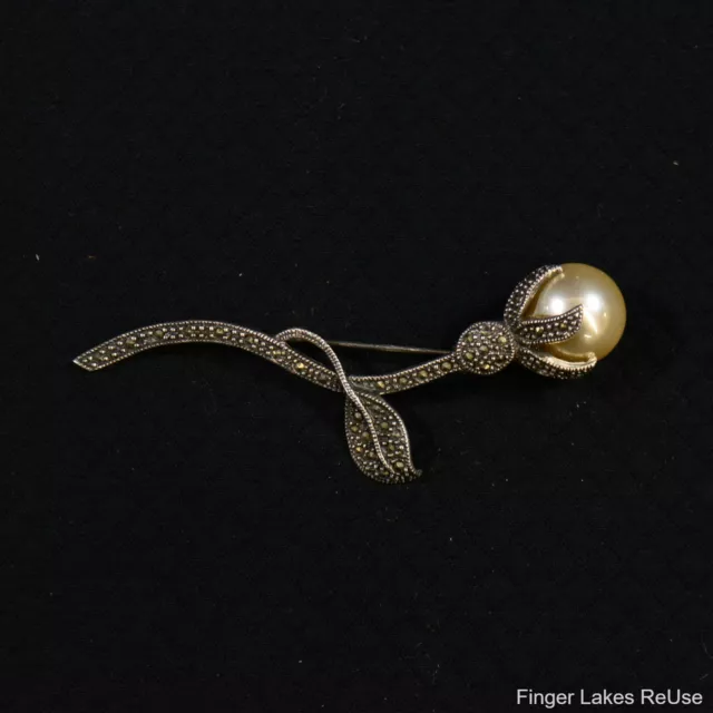 Pearl & Marcasite Sterling Silver Brooch Pin