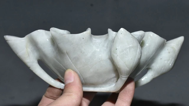 7.2" Old Chinese white Xiu Jade Carved Dynasty Palace Lotus Brush Washer Ashtray