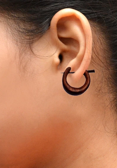 A Pair of Natural Black Wood Organic USA Boho Round Ebony Wooden Earrings EAR73