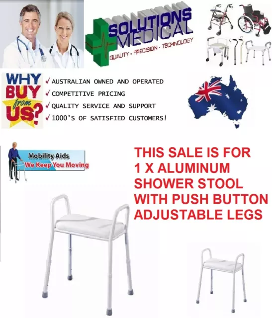Aluminium Shower Stool Chair, Adjustable, Removable Padded Seat Aust Standards.
