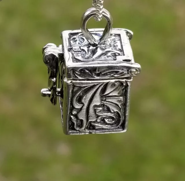 Ornate Sterling Silver Pill Prayer Box Charm Pendant 24" Italian Chain Necklace