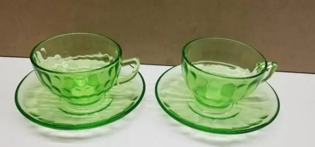Federal Glass Optic Green Uranium Depression Glass Cups & Saucers Set 0f 2