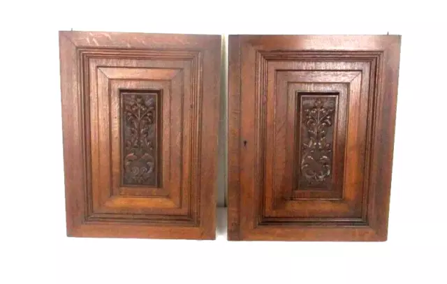 Pair Antique Hand Carved Oak Leafs Door Panels Architectural Salvaged WOW